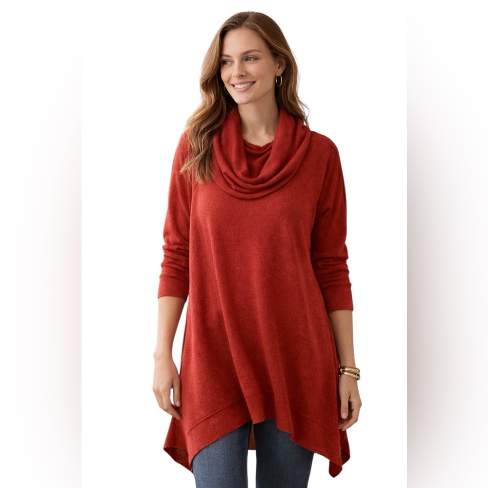 Soft Surroundings Cowl Neck Tunic Sweater Dark/Burnt Red XL Cozy Stretch Knit